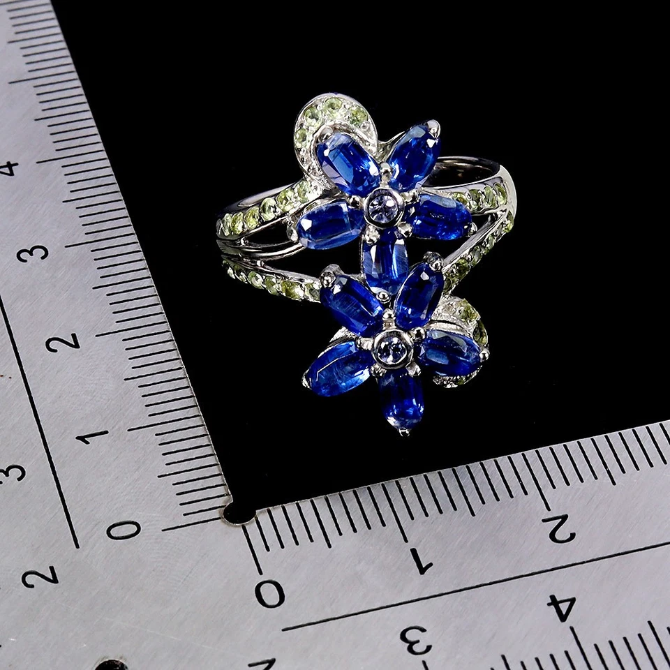 925 Anello Argento Sterling Ovale Cianite Peridoto Tanzanite Naturale Gemma Size - Immagine 3 di 4