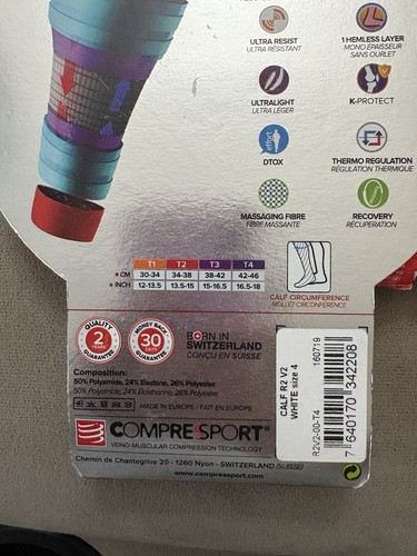 Compression Socks Compressport r2v2 White T4 Calf Length Running Jogging Size 4 - Picture 9 of 11