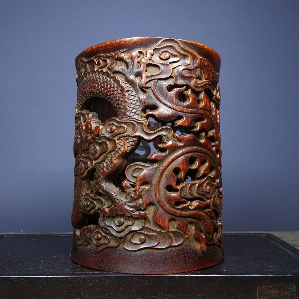 6.3" Collection China Bamboo Carving Dragon Phoenix Cloud Hollow Out Brush Pot - Image 4 of 4