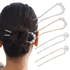 4 Pack Pearl U Shaped Hairpin French Style Double Prongs White Metal Pin