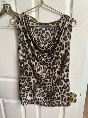 Shannon Ford NY Med Career Top Leopard Cowl Neck Pullover Sleeveless Cheetah 90s