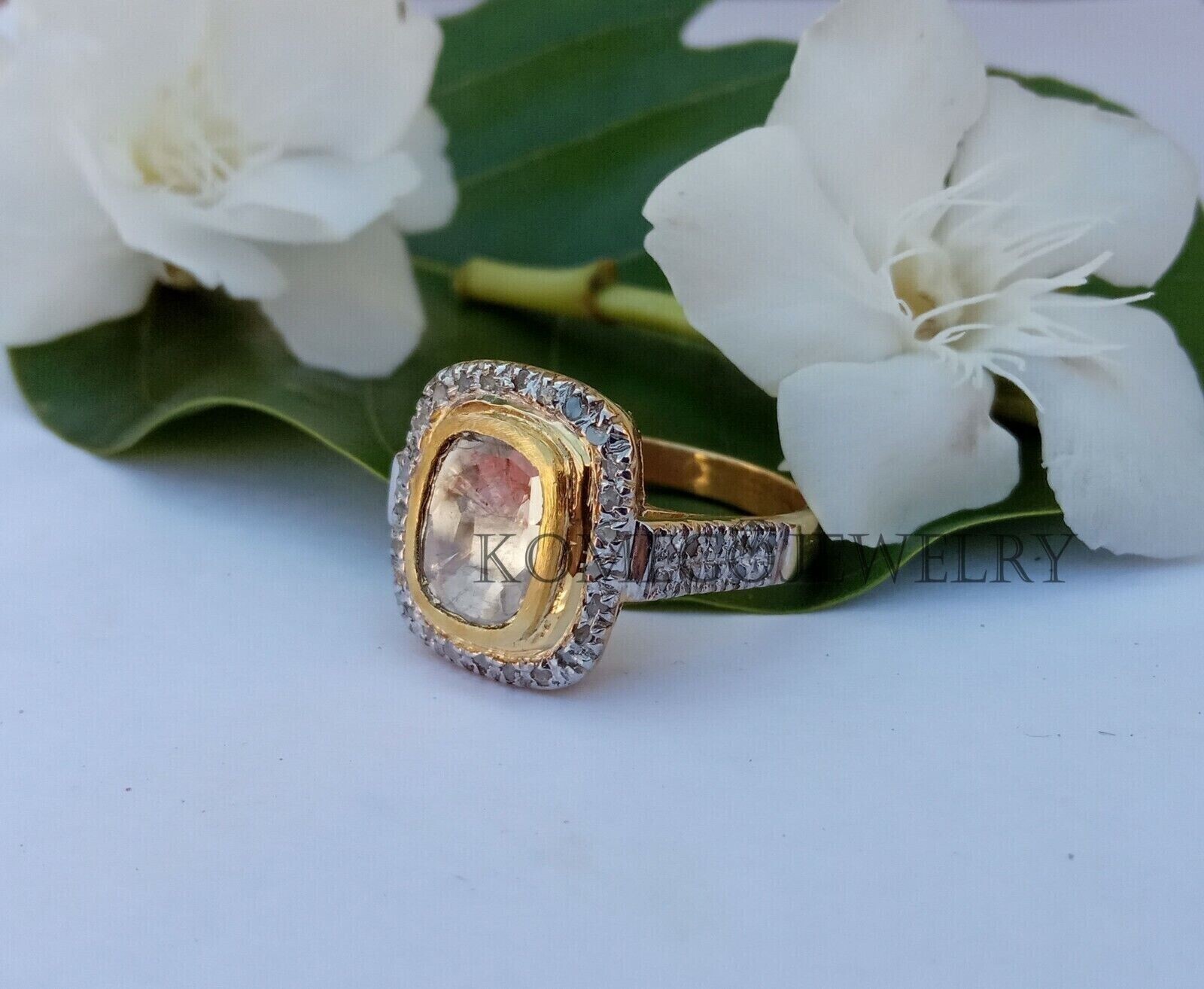 Exquisite Natural Polki Diamond Pave Slice Engagement Ring Gift