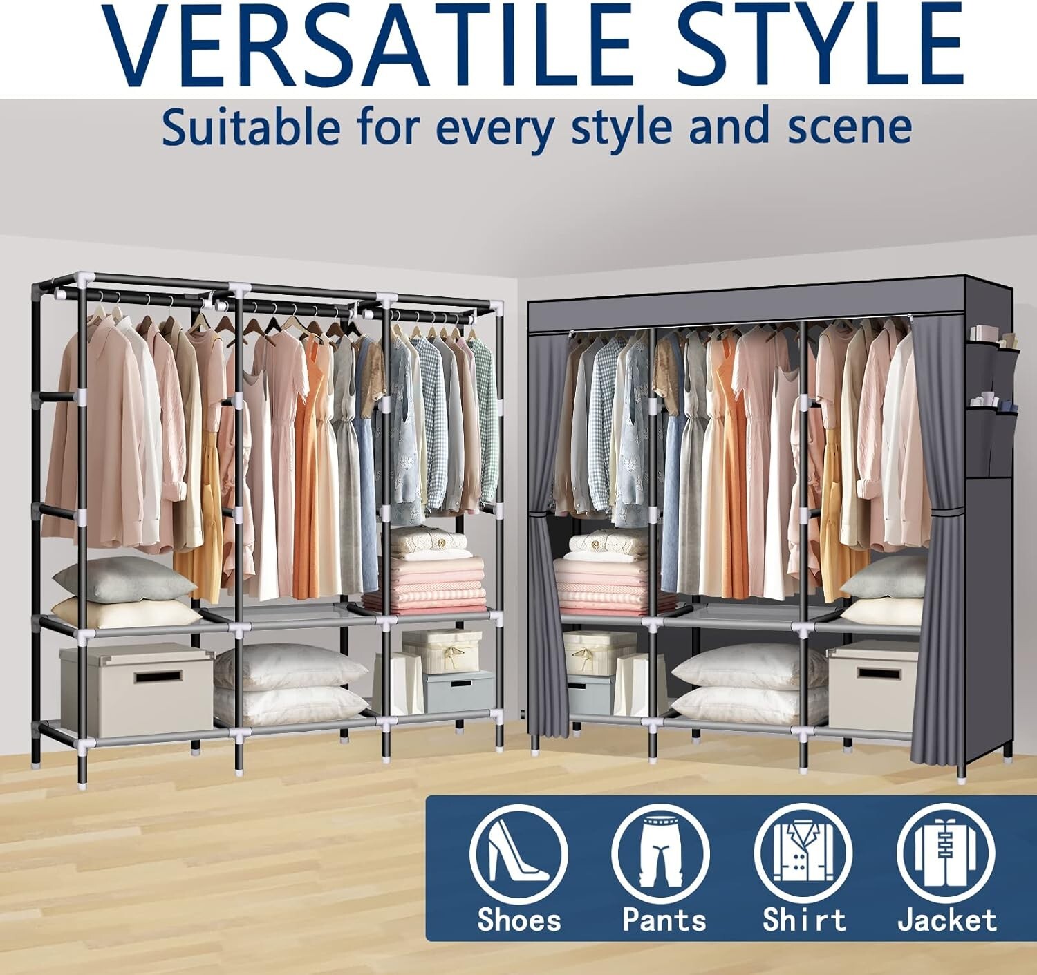 Portable Closet, 61-Inch Portable Wardrobe w/ 3 Hanging Rods & 6 Storage Shelves