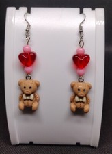 Brown Teddy Bear Heart Dangle Earrings