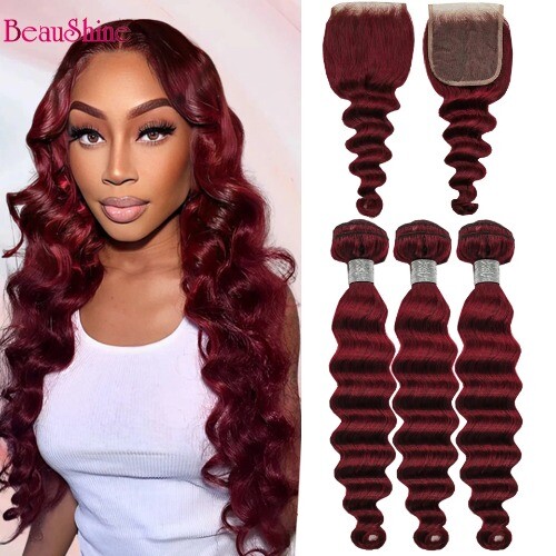 LooseDeepWave HumanHairBundles with 4x4 Closure 99j BurgundyColored with Closure