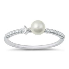 Freshwater Pearl Polished Clear CZ Ring .925 Sterling Silver Band Sizes 4-10