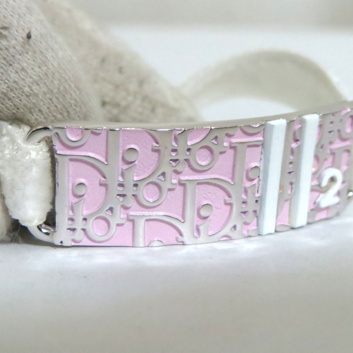 Auth Christian Dior Pink Trotter Bracelet Silvertone White Fabric