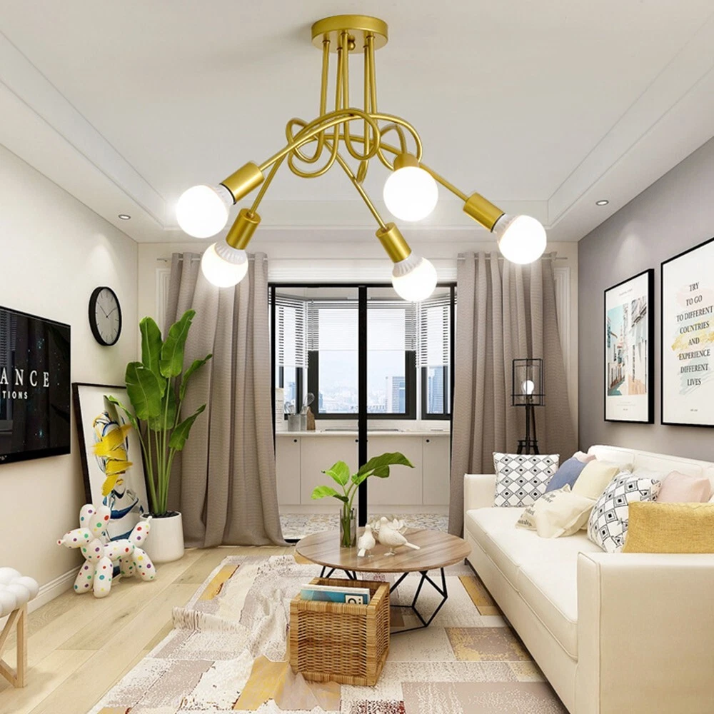 Industrial Black Gold 5 Way Ceiling Light Fitting Semi Flush Lamp Lounge Home