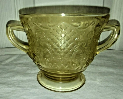 Federal Glass Normandie Amber Yellow Depression Open Sugar Bowl Footed Vintage