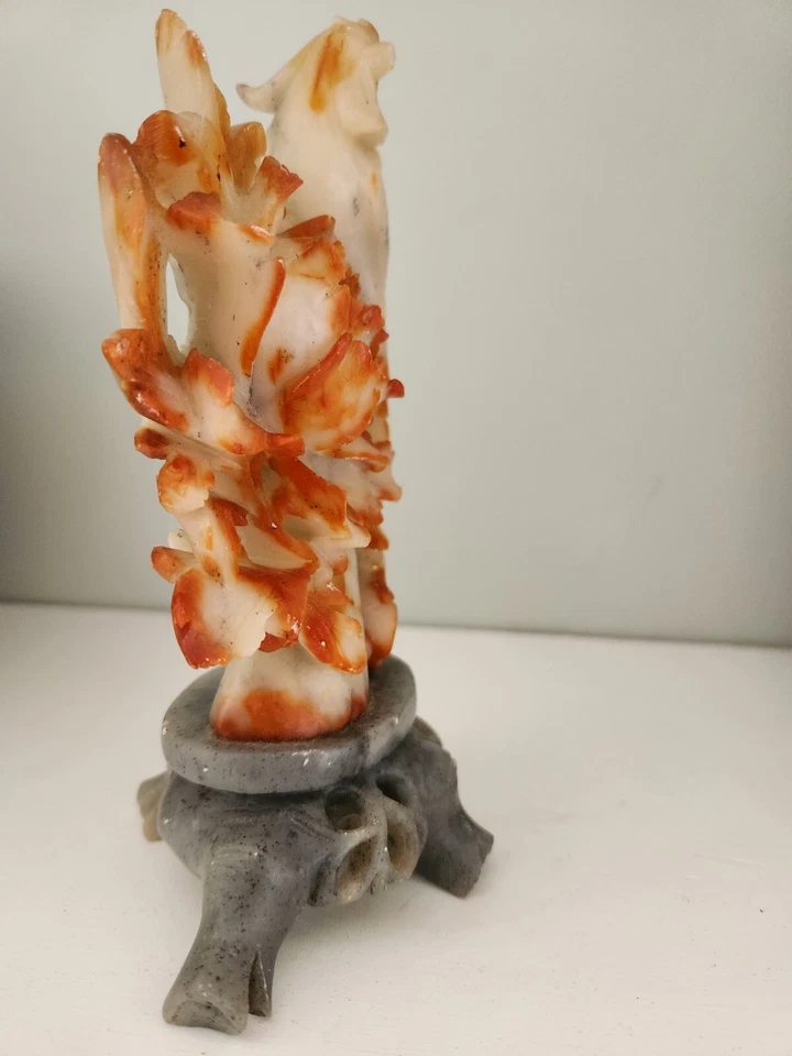 "Escultura de piedra de jabón tallada a mano china vintage flores de fénix 7"" naranja rojo" Foto 4 de 4