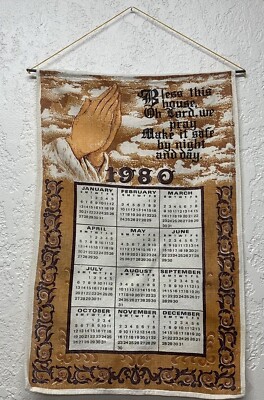 Vintage 1980 Praying Hands Kitchen Tea Towel Hanging Calendar Bless This House