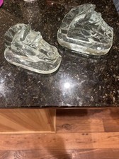 Vintage Pittsburg CORNING GLASS Solid Clear Glass Horse Head Bookends