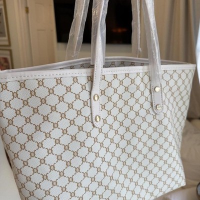 White Monogram Print Zip Tote Bag | Gold Hardware | Large Everyday Shoulder Bag