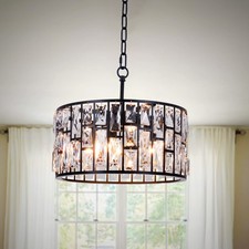 16" Round Crystal Chandelier Luxury Black 4-Lights Pendant Lamp Ceiling Fixtures