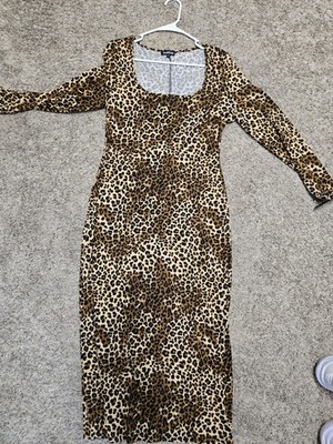 bebe Cheetah Animal Print Square Neck Long Sleeve Stretch Maxi Dress L