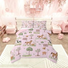 Farm Animal Comforter Set Pink Cartoon Animals Twin Bedding for Boys Girls Ru...