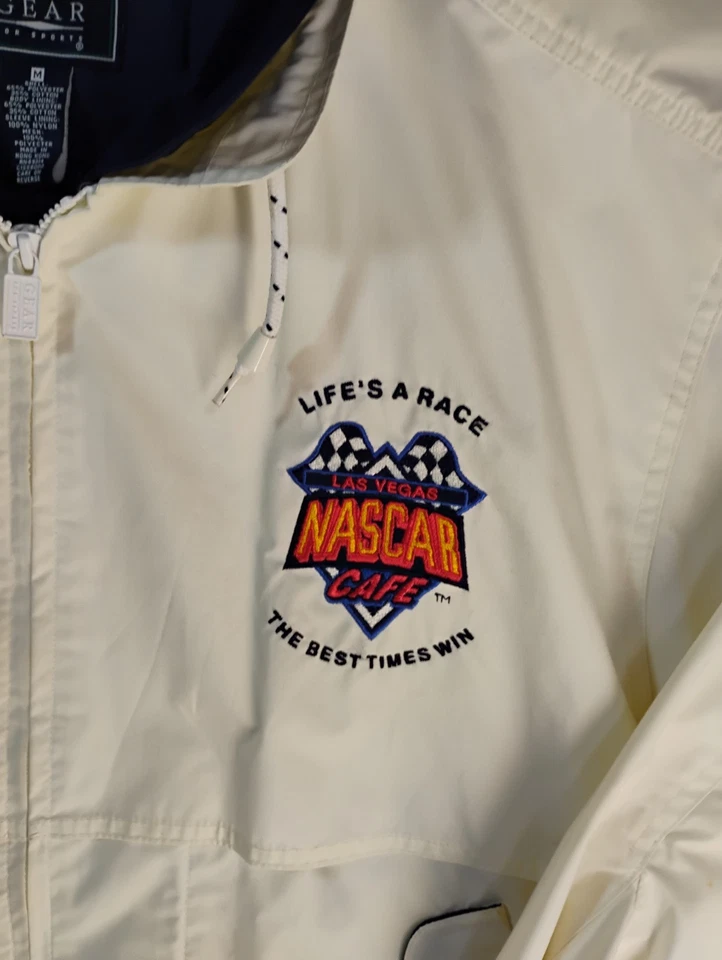 Chaqueta cortavientos vintage NASCAR mediana blanca Las Vegas café cremallera completa informal Foto 3 de 4