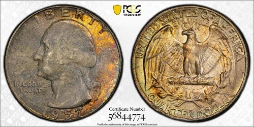 1957 P Washington Silver Quarter 25C PCGS MS66 True View Toned