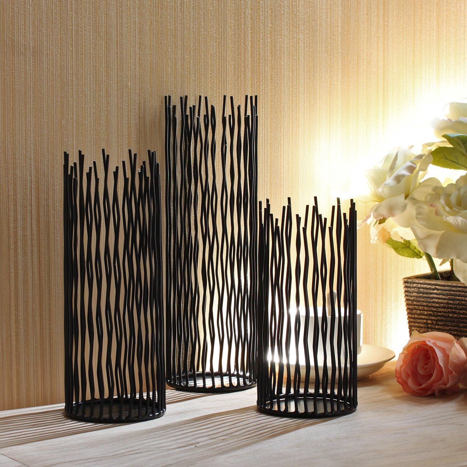 Set of 3 Metal Iron Candle Holder, Black Candlestick Modern Table Centerpiece fo