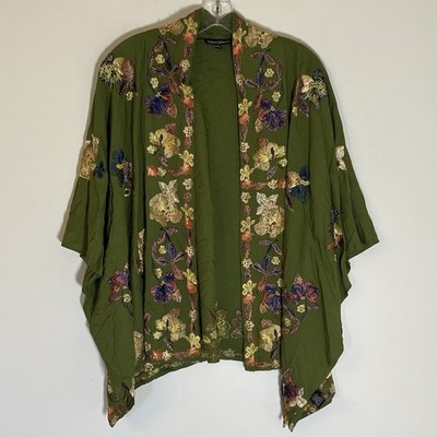 Tolani Collection Kimono Womens Medium Large Green Floral Embroidered Boho Art