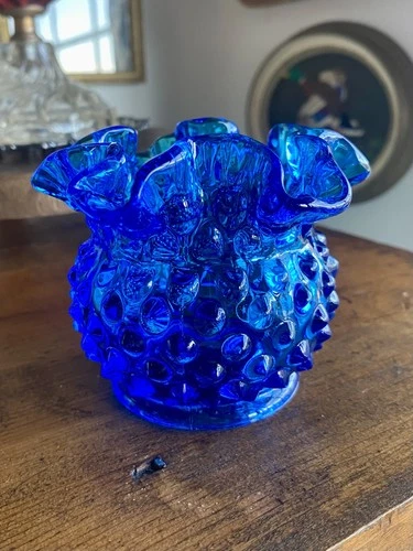 FENTON Colonial Blue Hobnail Glass Vase Crimp Ruffled Edge 3" Tall VTG