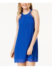 BCX DRESS Womens Blue Lined Tie-back Crochet Trim Short Dress S