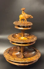 Vintage Hand Carved Monkey Pod Wood 3-Tier Lazy Susan Serving Tray Water Buffalo
