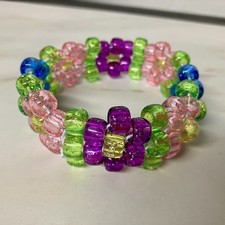 Handmade 3D Kandi Cuff Bracelet - Multicolor Glitter Flower Bead Cuff