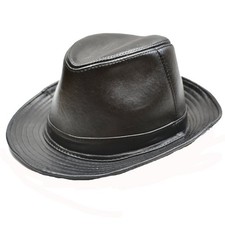 Men's Genuine Leather Fedora Porkpie Hat (XL(57-58cm/22.47-22.8in)) Black