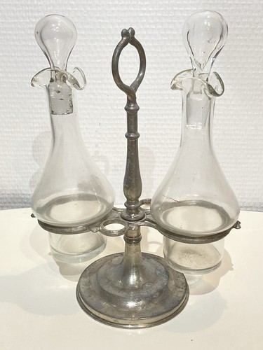 Ancien Huilier Vinaigrier En Verre Et Métal Argenté Vintage - 第 1/18 張圖片