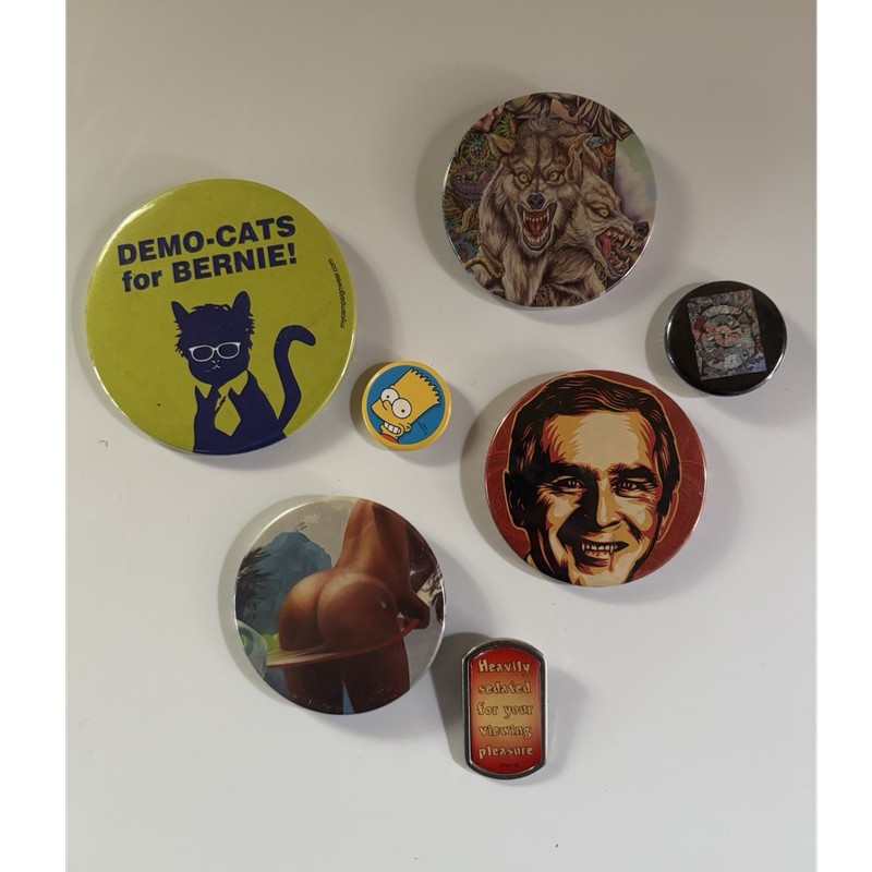 Mixed Lot of 6 Pinback Buttons/Pins Demo-Cats for Bernie Cat Wolf Bart Simpson
