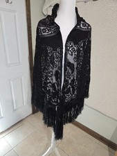 Black Lace Shawl Floral Pattern Fringe Dark Romantic Victorian Whimsy Goth