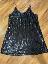 NWT Allegra K Sequin Tank Top Black Iridescent Purple Party Cami Size L