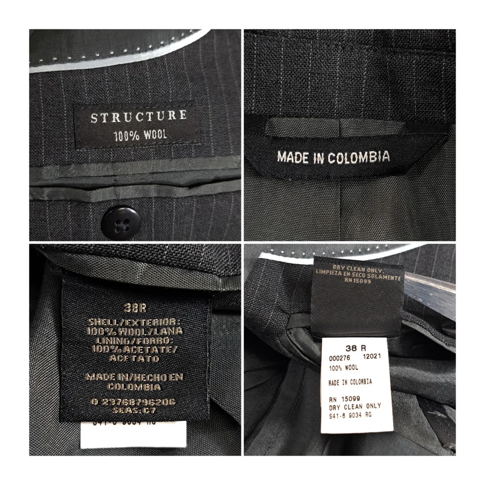 Structure Men's Blazer Jacket 38R Gray Pinstripe 3 Button 100% Wool Business - Image 3 of 4