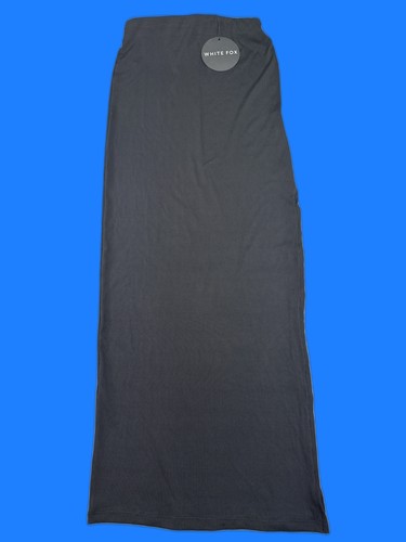 WHITE FOX MS02448 BLK S Ribbed Stretch Maxi Skirt Women Black Solid Bodycon Slit