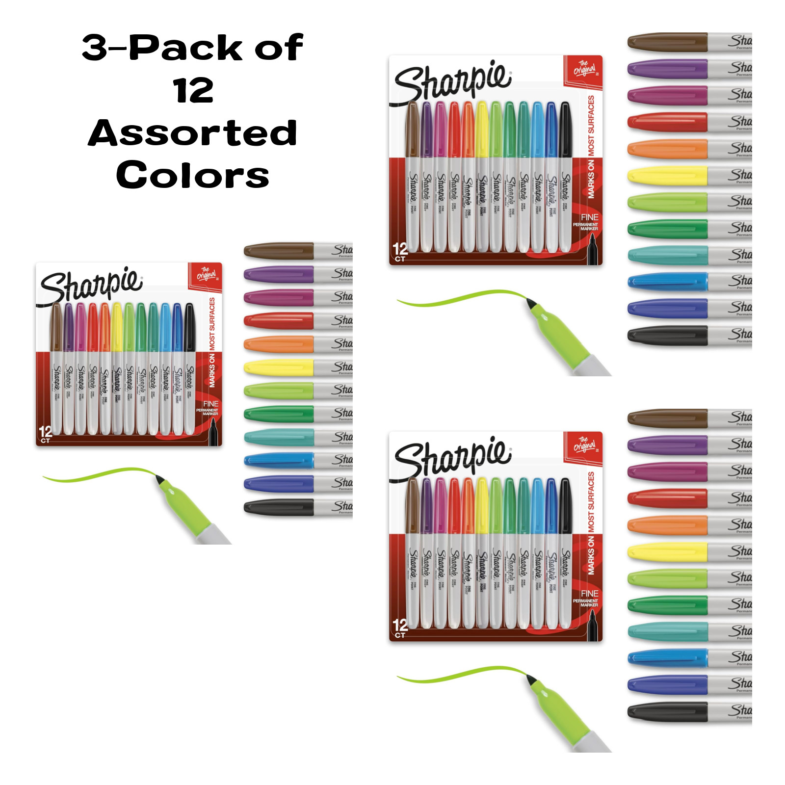 3-PACK of 12 Marker Set Sharpie Assorted Color Fine Point Dr