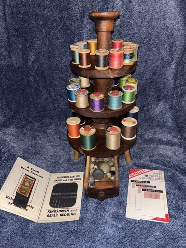 Vintage Wooden 3 Tier Thread Spool Holder With Drawer & 31 Vintage Thread Spools