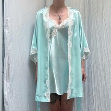Blue Satin Slip Dress and Kimono Robe with Lace and Floral Embroidery VTG 90s