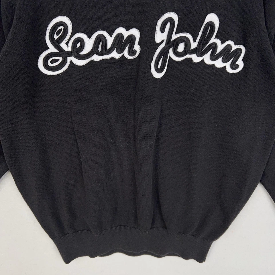 Vintage Sean John Sweater Mens 3XL Black Crewneck Script Applique Stripes 90s - Image 3 of 4