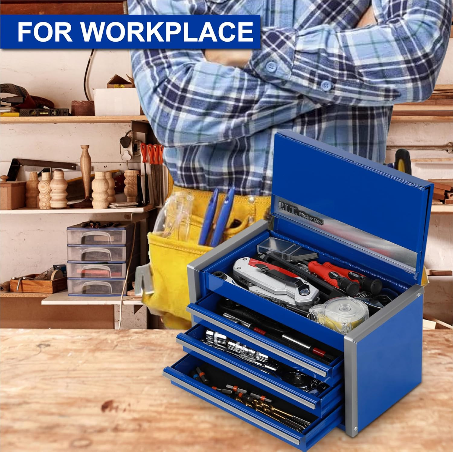 P.I.T. Mini Blue Tool Box, Portable 3 Drawer Steel Tool Box with Magnetic Tab Lo