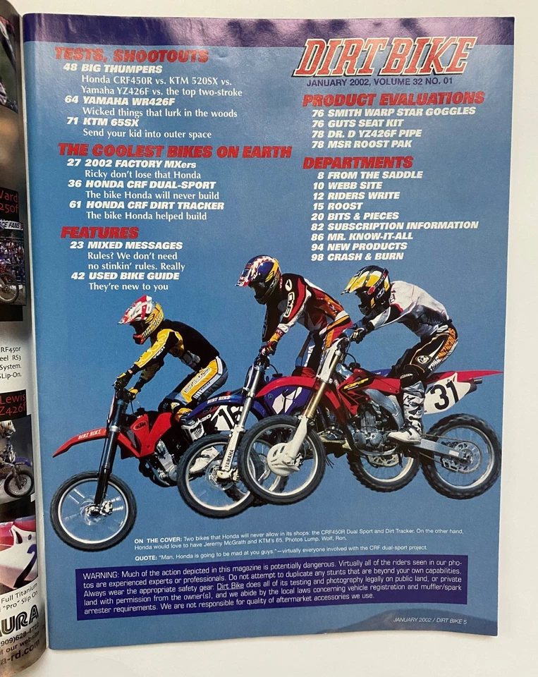 Dirt Bike Magazine January 2002 Honda CRF KTM 65 - Image 3 of 3