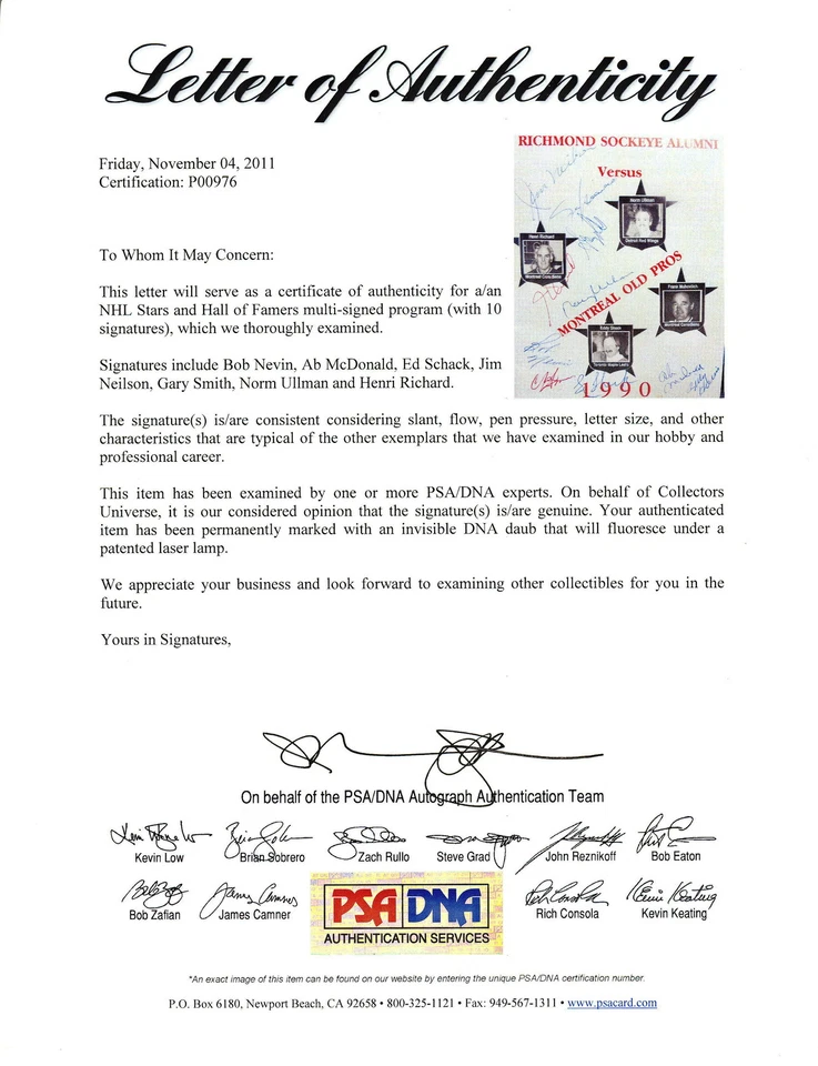 HOCKEY PROGRAM AUTOGRAPH BY 10 HENRI RICHARD NORM ULLMAN ED SHACK HOF PSA DNA - Image 2 of 4