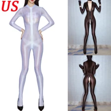 Women Glossy Jumpsuit Longsleeve Zipper Bodystockings Full Bodysuit Underwear