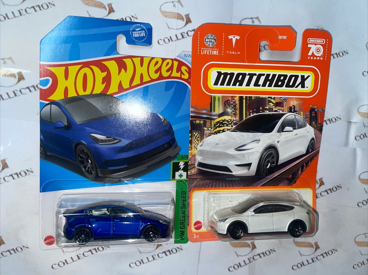 Hot Wheels Tesla Model Y Blue & Matchbox Tesla Model Y White 2 Pcs