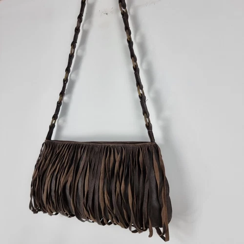 Jodi Lee Suede Leather Boho Bag Ring Handles Fringe Tassel Small Shoulder Brown