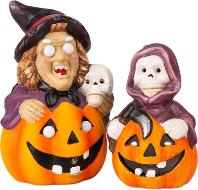 Halloween Blinklichter Hexe & Skelett Kürbis Dekoration - Keramik - Grusel