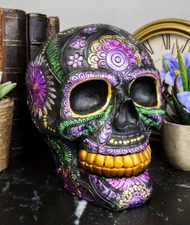Semi Metallic Black Day of The Dead Floral Sugar Skull Figurine DOD Skulls Decor