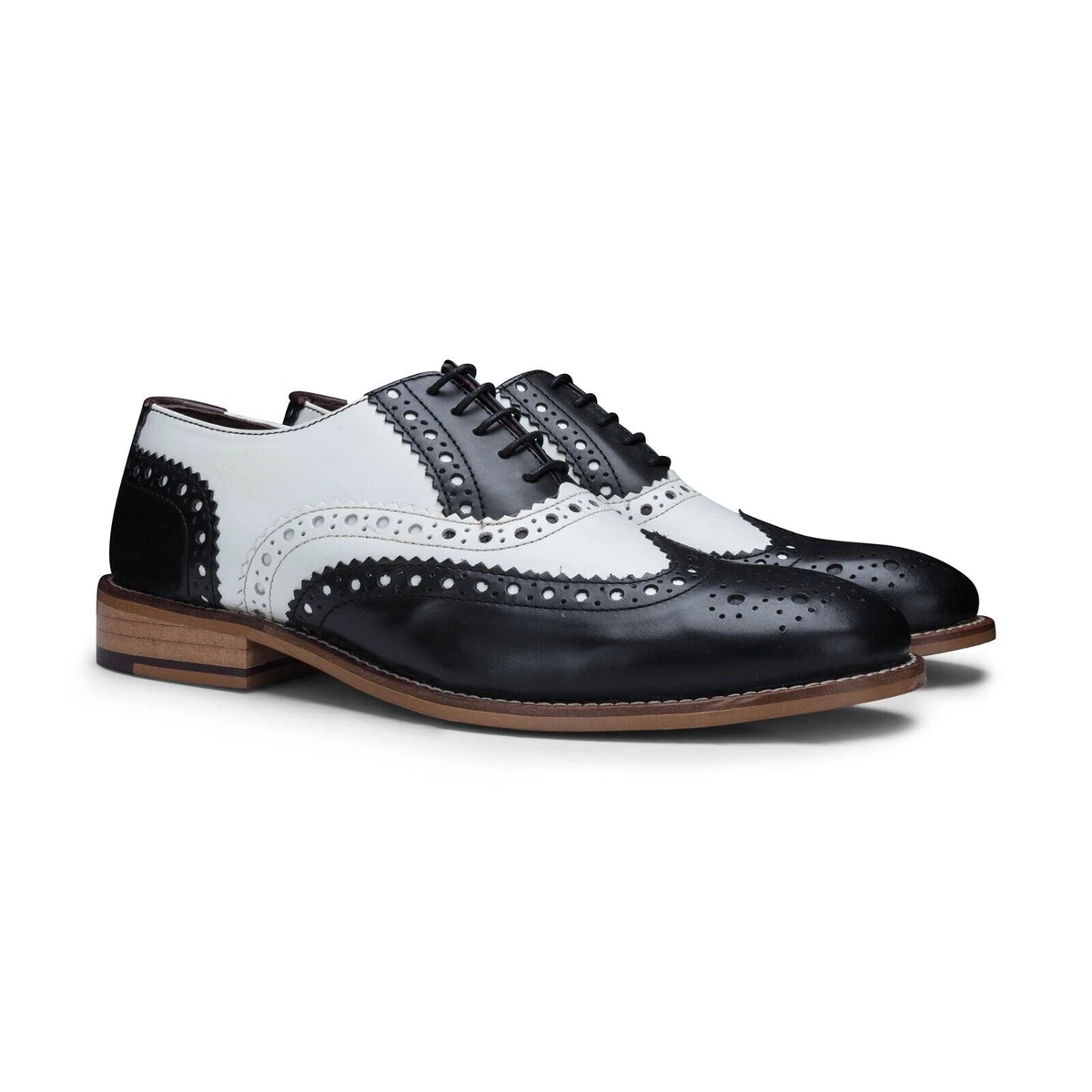 Mens Black White Gatsby Oxford Leather Classic Formal Laced