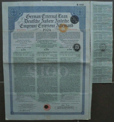 German Government, 7% Sterling Bond 1924, Franz. Ausg. (100 Pfund) + Coupons