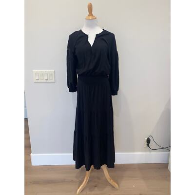 Nation LTD Black Tavin Tiered Long Sleeve V Neck Slub Knit Midi Dress Size Large